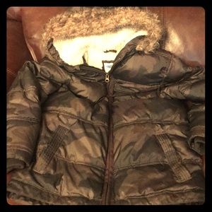 Camo Puffer Jacket with fur lining, Fur trim hood